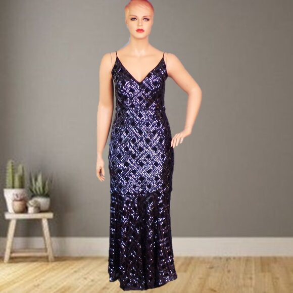 ELIZA J size 14 black sequined thin-strap full-length gown 100% nylon dry clean - Picture 1 of 12